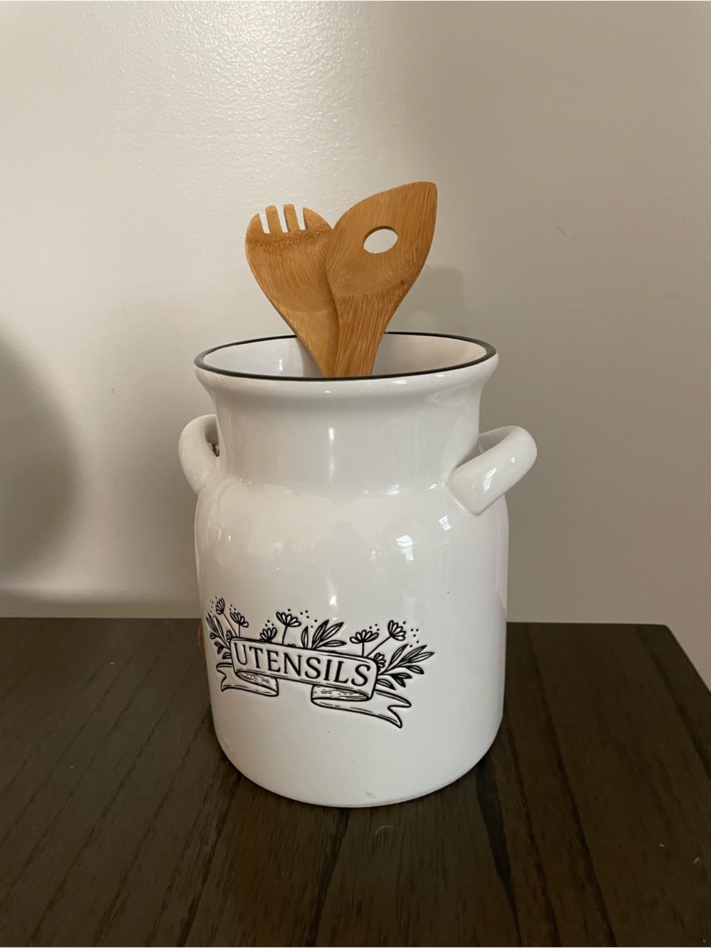 White Ceramic Utensil Holder Crock with Black Accent